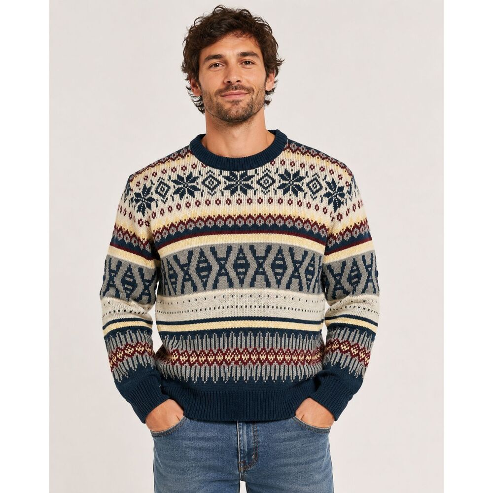 Vintage Bonjour International Mens L Fair Isle Nordic Ski Grandpa Sweater 90s